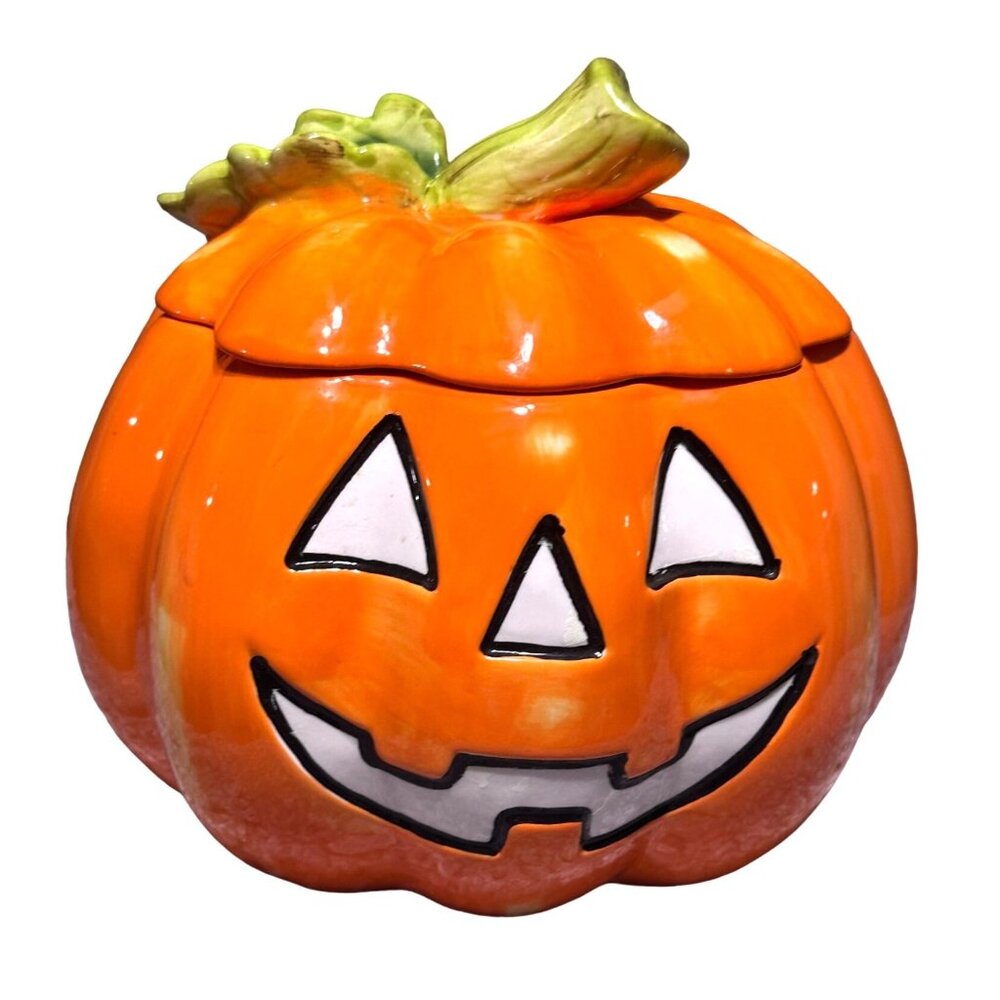 Davids Cookies Pumpkin Cookie Jar With Lid Orange & Green 8.5" Tall 8.5" Wide Ha
